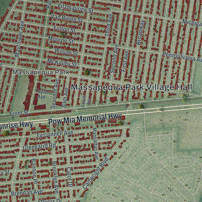 Close-up of the map of Massapequa Park, New York print showing street and building detail
