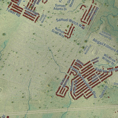 Close-up of the map of Manor, Texas print showing street and building detail