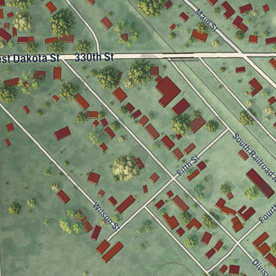 Close-up of the map of Jefferson, South Dakota print showing street and building detail