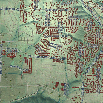 Close-up of the map of Happy Valley, Oregon print showing street and building detail