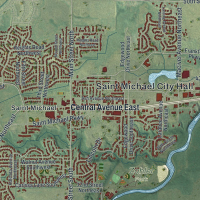 Close-up of the map of St. Michael, Minnesota print showing street and building detail