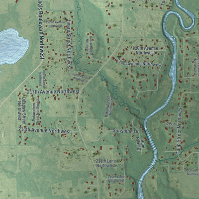 Close-up of the map of Oak Grove, Minnesota print showing street and building detail