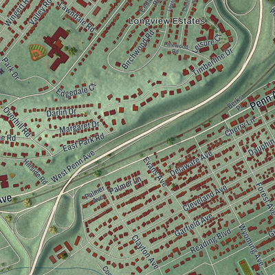 Close-up of the map of Wyomissing, Pennsylvania print showing street and building detail