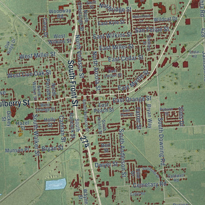 Close-up of the map of Angleton, Texas print showing street and building detail