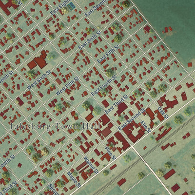 Close-up of the map of Julesburg, Colorado print showing street and building detail