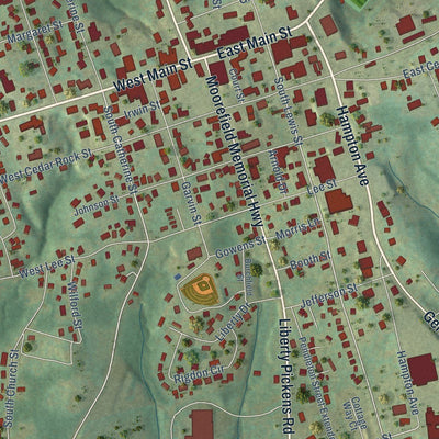 Close-up of the map of Pickens, South Carolina print showing street and building detail