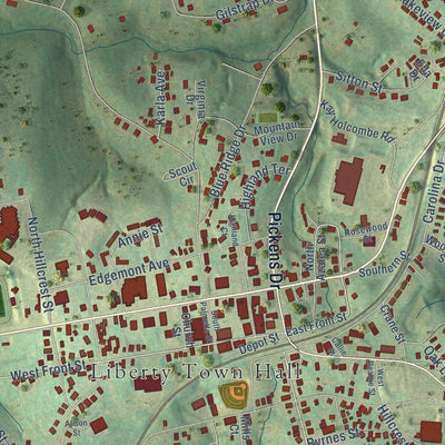 Close-up of the map of Liberty, South Carolina print showing street and building detail