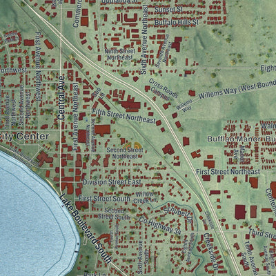 Close-up of the map of Buffalo, Minnesota print showing street and building detail