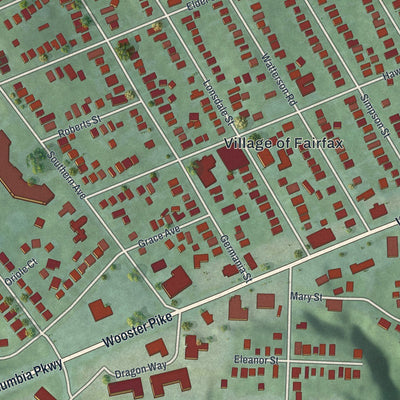 Close-up of the map of Fairfax, Ohio print showing street and building detail
