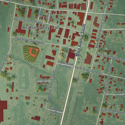 Close-up of the map of Braham, Minnesota print showing street and building detail