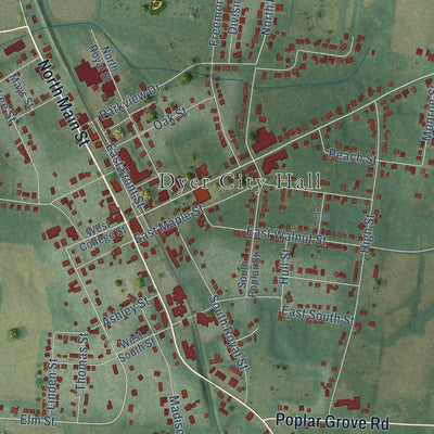 Close-up of the map of Dyer, Tennessee print showing street and building detail