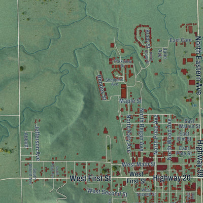 Close-up of the map of Hominy, Oklahoma print showing street and building detail