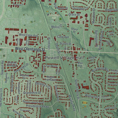 Close-up of the map of Powell, Ohio print showing street and building detail