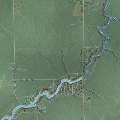 Close-up of the map of Bourret, Michigan print showing street and building detail