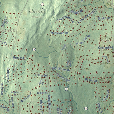 Close-up of the map of Woodbridge, Connecticut print showing street and building detail