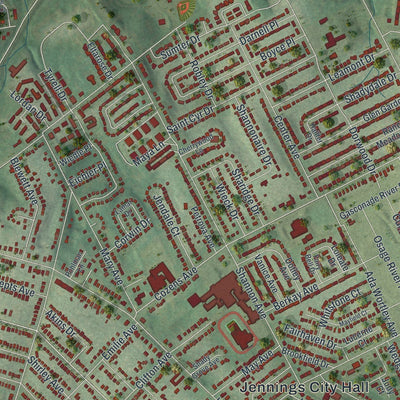 Close-up of the map of Jennings, Missouri print showing street and building detail