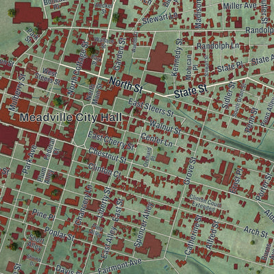 Close-up of the map of Meadville, Pennsylvania print showing street and building detail