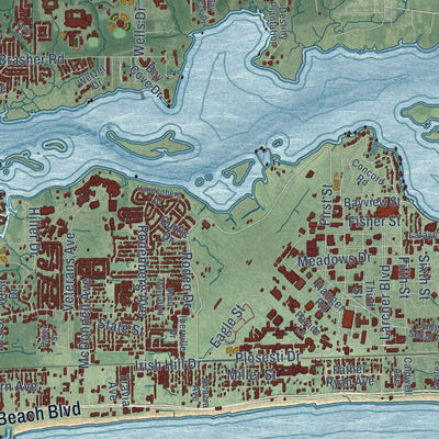 Close-up of the map of Biloxi, Mississippi print showing street and building detail