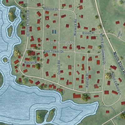 Close-up of the map of Tower Lakes, Illinois print showing street and building detail
