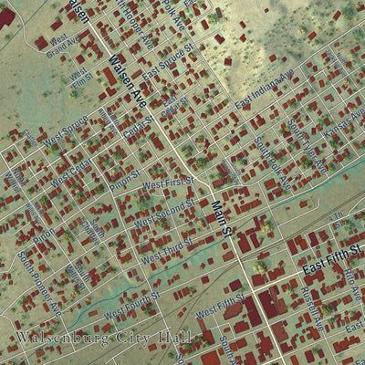 Close-up of the map of Walsenburg, Colorado print showing street and building detail