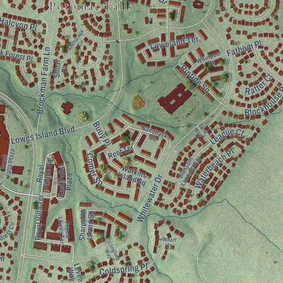 Close-up of the map of Lowes Island, Virginia print showing street and building detail