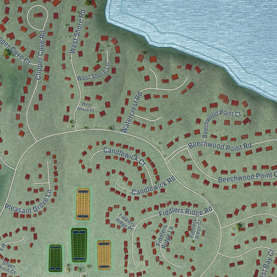Close-up of the map of Woodlake, Virginia print showing street and building detail