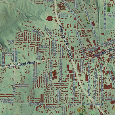 Close-up of the map of Hartselle, Alabama print showing street and building detail