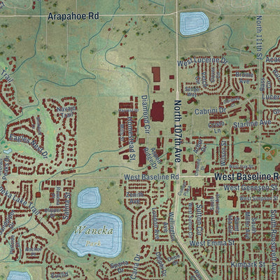 Close-up of the map of Lafayette, Colorado print showing street and building detail