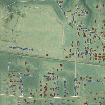 Close-up of the map of Simsboro, Louisiana print showing street and building detail