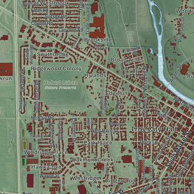 Close-up of the map of Troy, Ohio print showing street and building detail