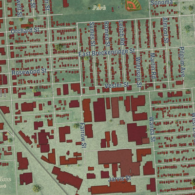 Close-up of the map of Ferndale, Michigan print showing street and building detail