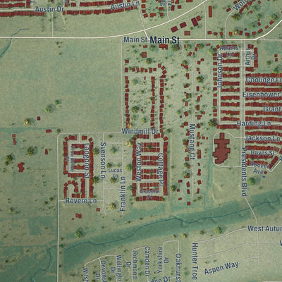 Close-up of the map of Lavon, Texas print showing street and building detail