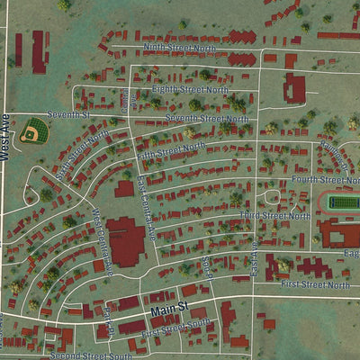 Close-up of the map of New Town, North Dakota print showing street and building detail