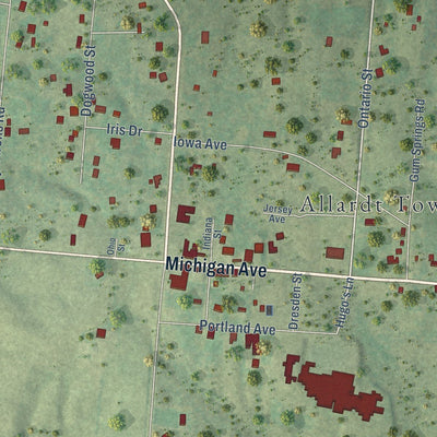 Close-up of the map of Allardt, Tennessee print showing street and building detail