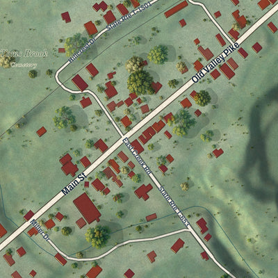 Close-up of the map of Toms Brook, Virginia print showing street and building detail
