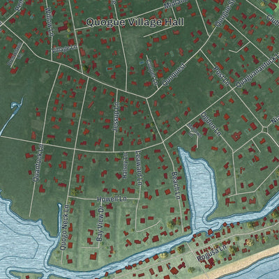 Close-up of the map of Quogue, New York print showing street and building detail