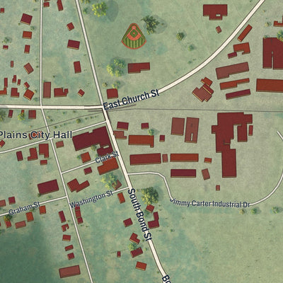 Close-up of the map of Plains, Georgia print showing street and building detail
