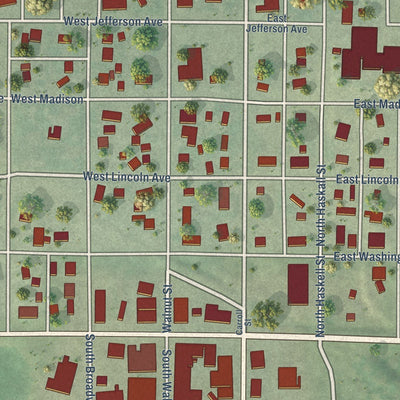Close-up of the map of Arnold, Nebraska print showing street and building detail