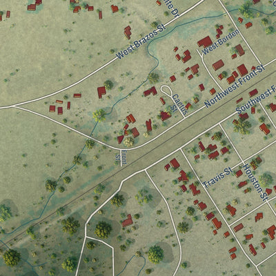Close-up of the map of Millsap, Texas print showing street and building detail