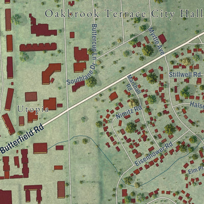 Close-up of the map of Oakbrook Terrace, Illinois print showing street and building detail
