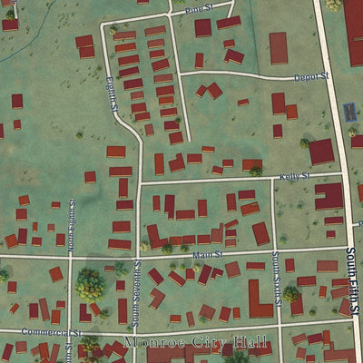 Close-up of the map of Monroe, Oregon print showing street and building detail