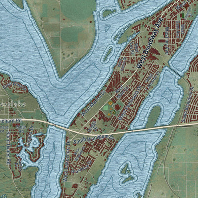 Close-up of the map of Moses Lake, Washington print showing street and building detail