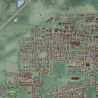 Close-up of the map of Chesterton, Indiana print showing street and building detail