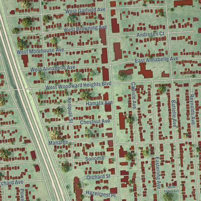 Close-up of the map of Hazel Park, Michigan print showing street and building detail