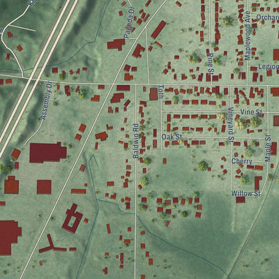 Close-up of the map of Bridgman, Michigan print showing street and building detail