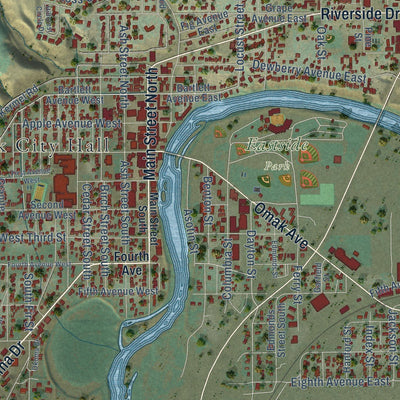 Close-up of the map of Omak, Washington print showing street and building detail
