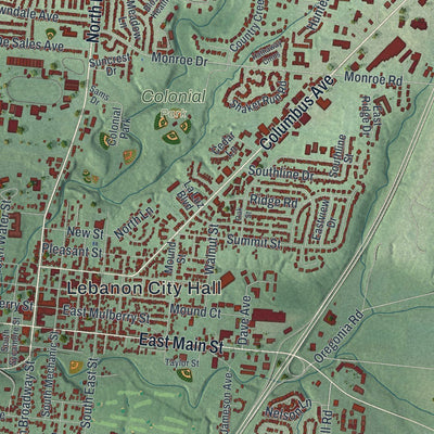 Close-up of the map of Lebanon, Ohio print showing street and building detail