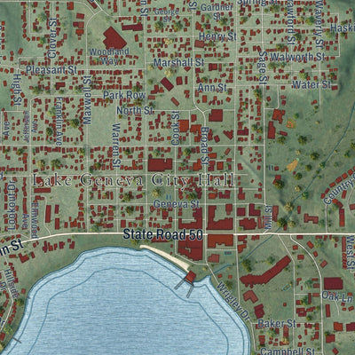 Close-up of the map of Lake Geneva, Wisconsin print showing street and building detail
