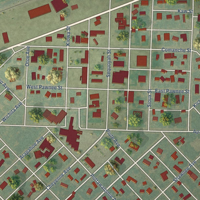 Close-up of the map of Satanta, Kansas print showing street and building detail