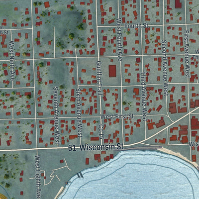 Close-up of the map of Grand Marais, Minnesota print showing street and building detail